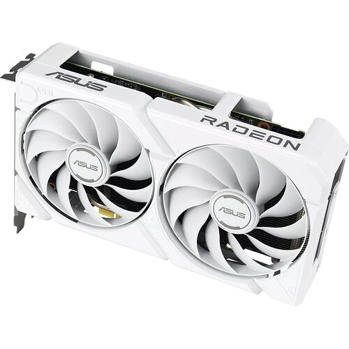 Carte graphique ASUS Radeon blanche avec deux ventilateurs de refroidissement.