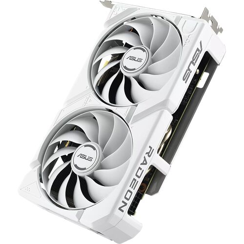 Carte graphique ASUS Radeon de couleur blanche avec deux ventilateurs.