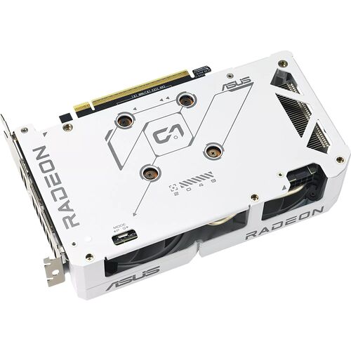 Carte graphique ASUS Radeon de couleur blanche avec un système de refroidissement à deux ventilateurs.