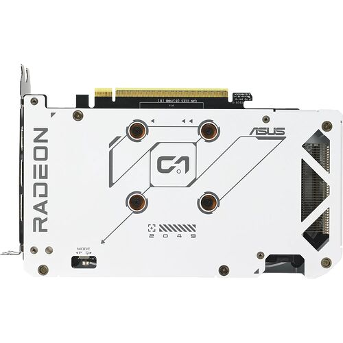 Carte graphique ASUS Radeon de couleur blanche avec un design géométrique et le logo Radeon visible sur le côté.