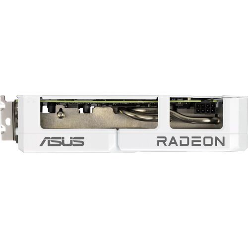 Carte graphique ASUS Radeon de couleur blanche avec un système de refroidissement à deux ventilateurs.