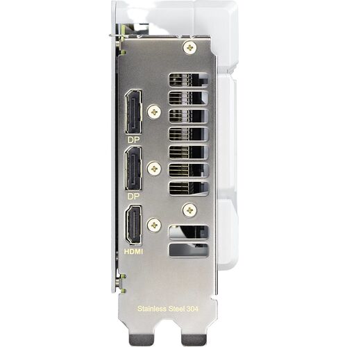 L'arrière d'une carte graphique avec deux ports DisplayPort et un port HDMI sur un support en acier inoxydable.