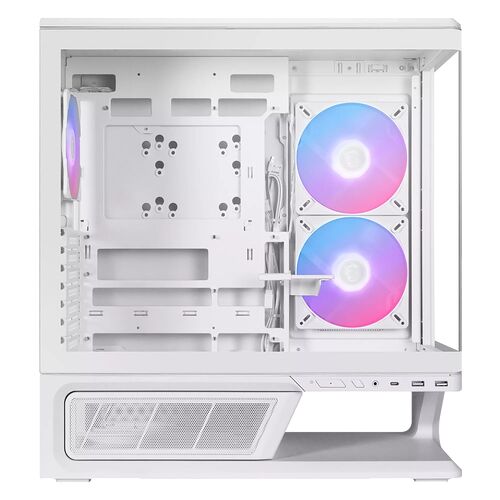 Boîtier PC blanc avec deux ventilateurs RGB installés à l'avant et un compartiment pour l'alimentation en bas.