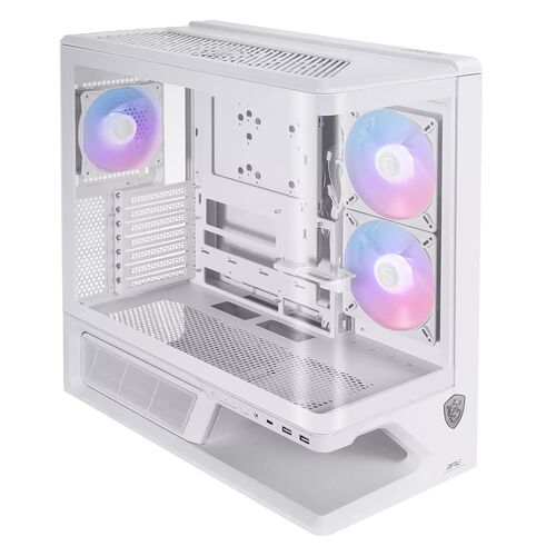 Boîtier PC blanc avec trois ventilateurs RGB intégrés, dont deux sur le panneau avant et un à l'arrière. Le boîtier présente une structure ouverte avec des grilles de ventilation et un design moderne.