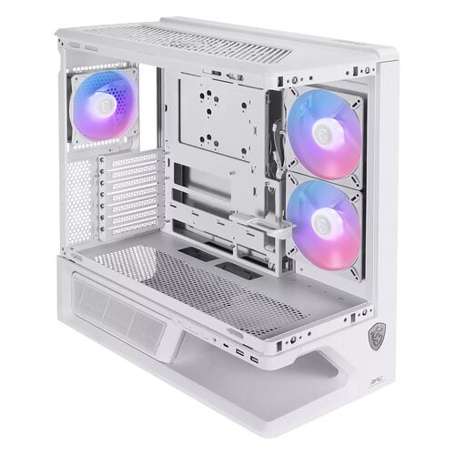 Boîtier PC blanc avec trois ventilateurs RGB installés à l'arrière et sur le côté, présentant une structure ouverte et épurée.