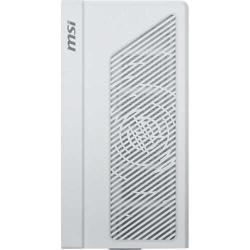 Boîtier PC blanc MSI avec une façade perforée présentant un motif de lignes diagonales et le logo de la marque.