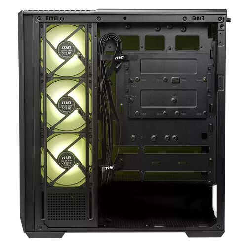 Boîtier PC noir avec trois ventilateurs MSI rétroéclairés en vert sur le panneau latéral et des emplacements pour disques durs et SSD.