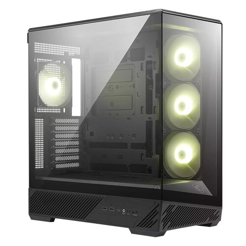 Boîtier PC avec panneau latéral en verre trempé et trois ventilateurs rétroéclairés en blanc sur le devant, ainsi qu'un ventilateur à l'arrière.