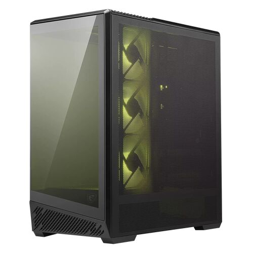 Boîtier PC noir avec une paroi latérale en verre trempé et une façade en mesh laissant apparaître trois ventilateurs rétroéclairés en jaune.