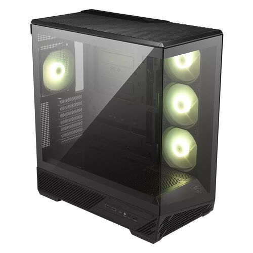 Boîtier PC avec panneau latéral en verre trempé et trois ventilateurs LED blancs sur le côté droit.