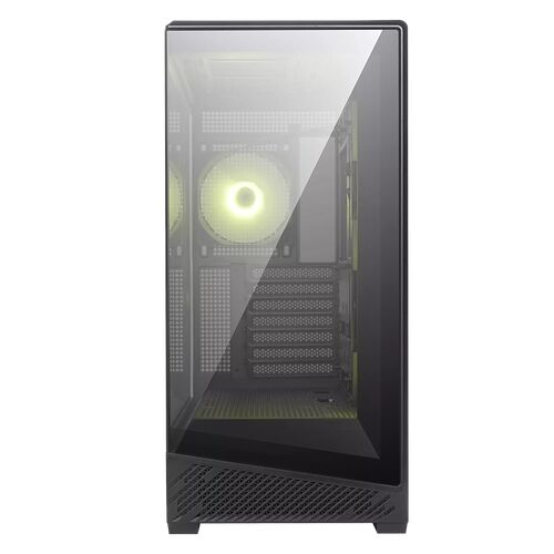 Boîtier PC noir avec une paroi latérale en verre trempé et un ventilateur arrière éclairé en vert.