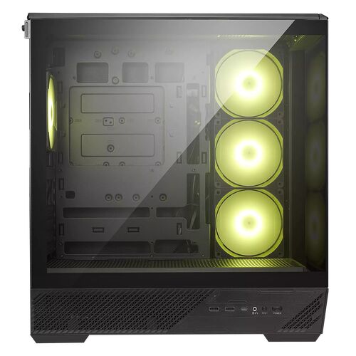 Boîtier PC noir avec une vitre latérale transparente laissant apparaître trois ventilateurs rétroéclairés en jaune et l'intérieur du châssis.