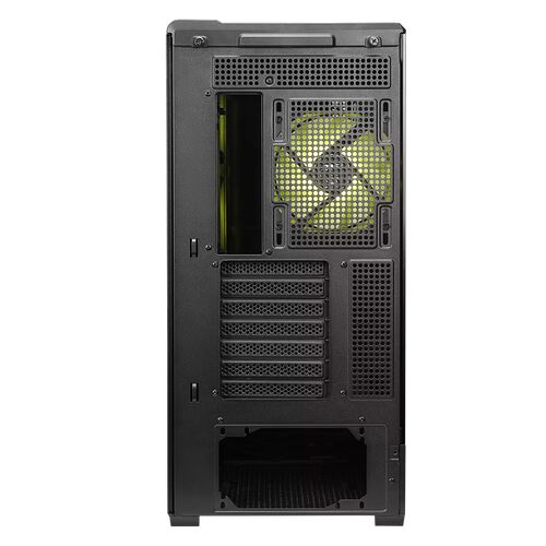 Arrière d'un boîtier PC noir avec un ventilateur jaune visible à travers la grille de ventilation et plusieurs fentes d'extension pour cartes graphiques.