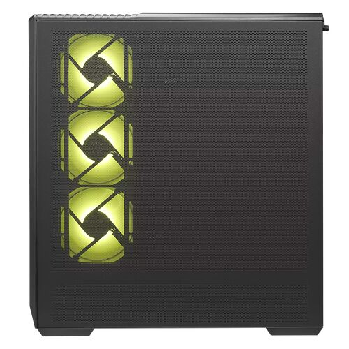 Boîtier PC noir avec trois ventilateurs avant éclairés en jaune à travers une façade en mesh.