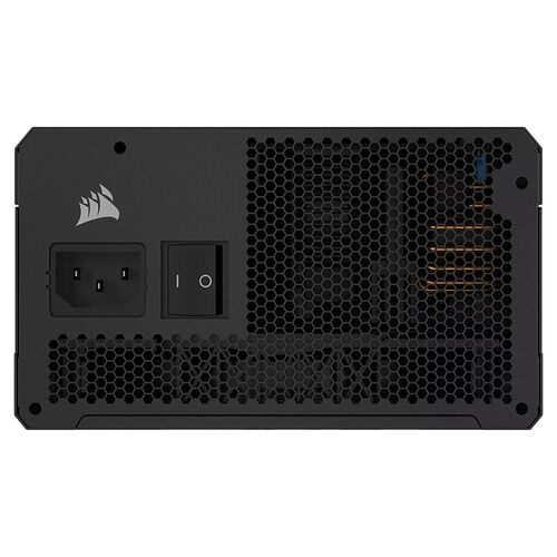 Bloc d'alimentation Corsair noir avec prise d'alimentation et interrupteur marche/arrêt sur la face avant.