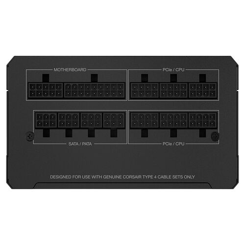 Connectique d'un bloc d'alimentation Corsair avec des ports pour carte mère, PCIe/CPU et SATA/PATA. Les ports sont disposés de manière organisée sur une plaque noire.