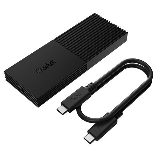 Adaptateur ProArt avec un câble USB-C vers USB-C de la même marque, le tout de couleur noire.