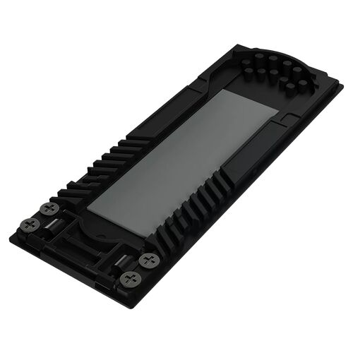 Support de fixation noir pour composants PC, présentant une structure en plastique avec des fentes de ventilation et des points de vissage.