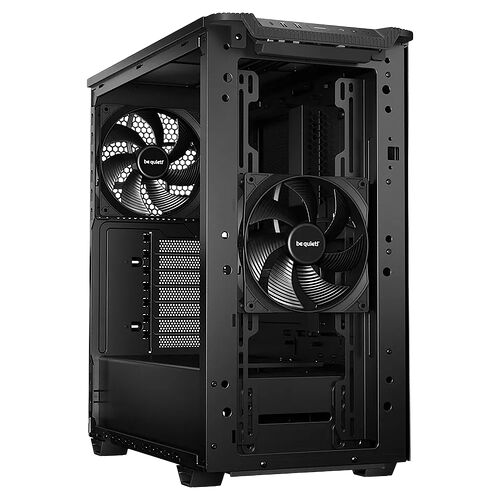 Boîtier PC noir Be Quiet! avec deux ventilateurs installés à l'arrière et à l'avant pour un refroidissement optimal.