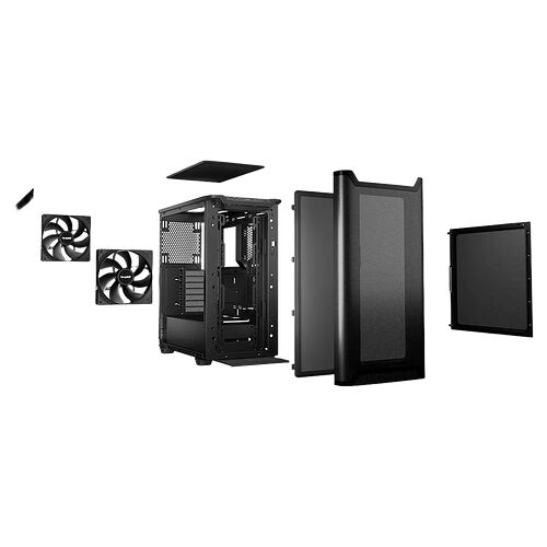 Boîtier PC noir avec ses différents panneaux latéraux, façade en mesh et deux ventilateurs Noctua.