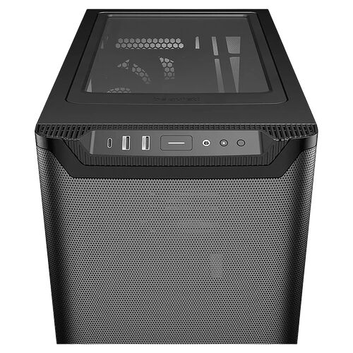 Boîtier PC noir avec panneau latéral en verre trempé et façade en mesh perforé. La partie supérieure présente des ports USB, une prise jack et des boutons de contrôle.