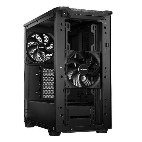Boîtier PC noir Be Quiet! avec deux ventilateurs installés à l'arrière et à l'avant.