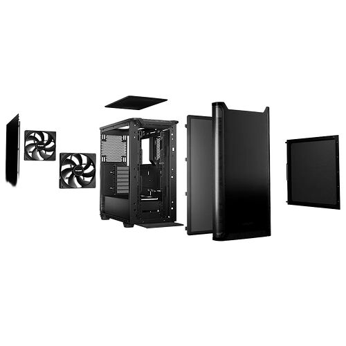 Boîtier PC noir avec ses différents panneaux latéraux et ses ventilateurs de refroidissement.