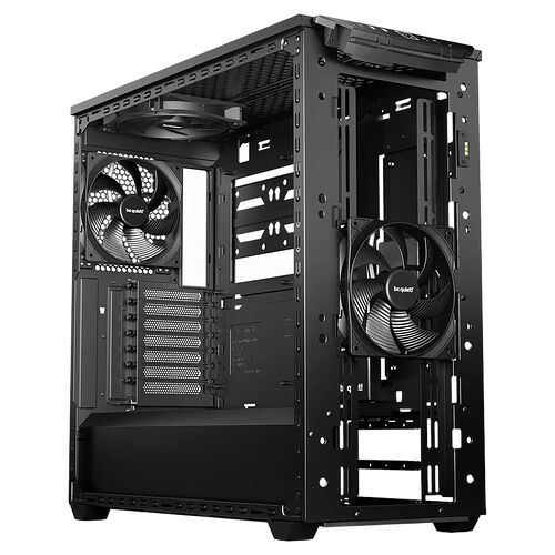 Boîtier PC noir de la marque be quiet! avec deux ventilateurs installés à l'arrière et à l'avant.