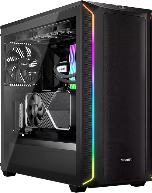 Boîtier PC be quiet! noir avec éclairage RGB sur les contours et une vitre latérale transparente laissant apparaître les composants internes.