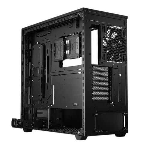 Boîtier PC noir avec deux ventilateurs Delta installés à l'intérieur, présentant une structure robuste et un design industriel avec des détails métalliques.