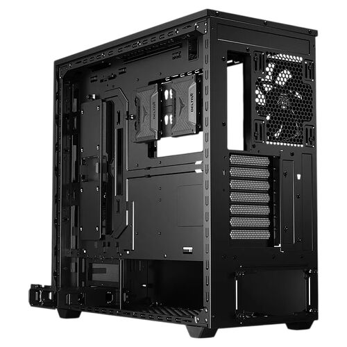 Boîtier PC noir avec composants internes visibles, incluant une carte graphique DeltaR et une structure modulaire robuste.