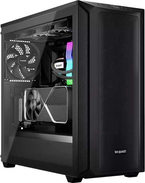 Boîtier PC noir de la marque be quiet! avec une paroi latérale en verre trempé laissant apparaître les composants internes et un éclairage RGB.