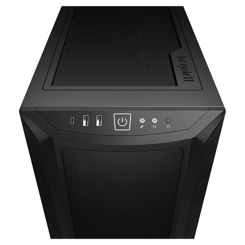 Boîtier PC noir de la marque be quiet! avec boutons d'alimentation, ports USB et prises audio sur le panneau supérieur.