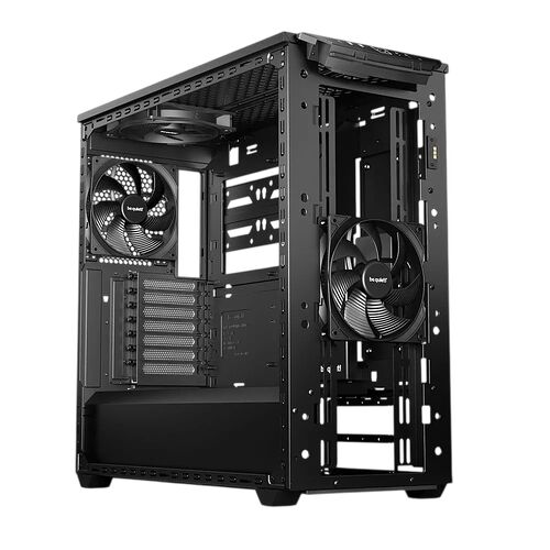Boîtier PC noir de marque be quiet! avec deux ventilateurs installés à l'avant et à l'arrière.