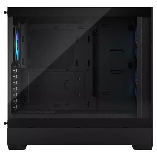 Boîtier PC noir avec panneau latéral en verre trempé et deux ventilateurs équipés de LED bleues.