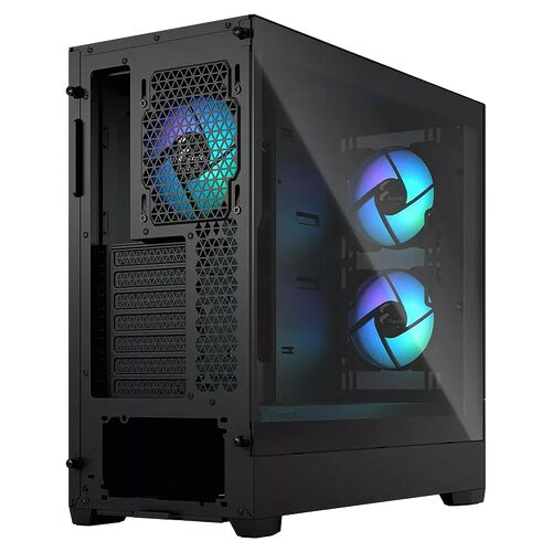 Boîtier PC noir avec panneau latéral en verre trempé et deux ventilateurs à éclairage RGB installés à l'intérieur.