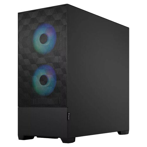 Boîtier PC Fractal Design noir avec deux ventilateurs avant rétroéclairés par un éclairage RGB circulaire.