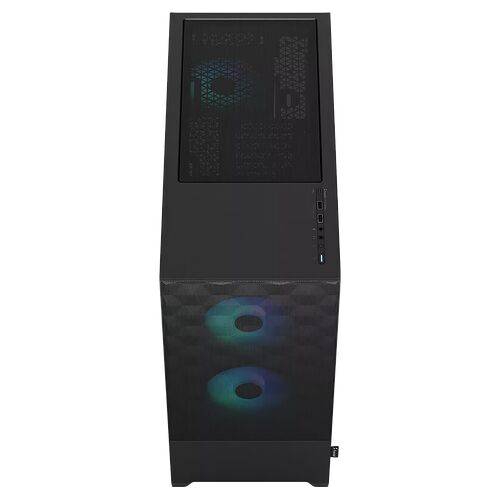 Boîtier PC noir avec deux ventilateurs à éclairage RGB sur la façade avant.