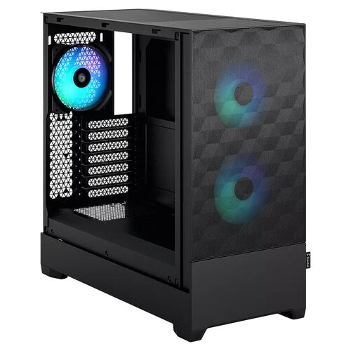 Boîtier PC noir avec deux ventilateurs à éclairage RGB visibles à l'avant et un ventilateur à l'arrière.
