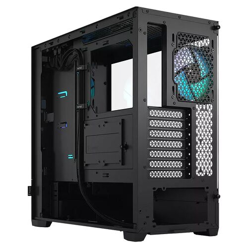 Boîtier PC noir avec panneau latéral en verre trempé et ventilateur arrière rétroéclairé en bleu.