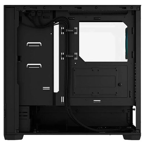 Boîtier PC Fractal Design noir avec une vue interne montrant l'emplacement de la carte mère et le compartiment de l'alimentation.
