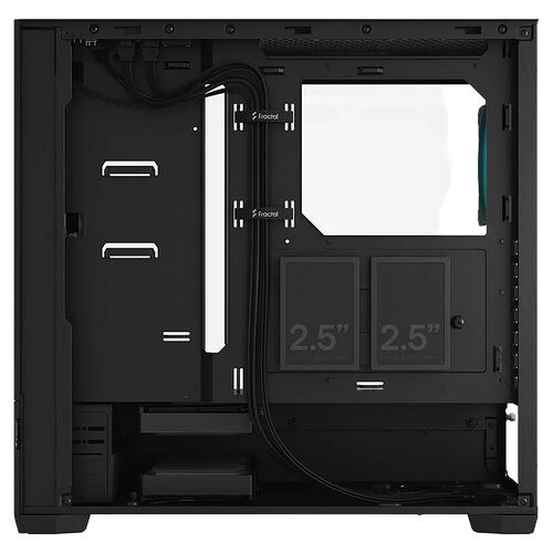Boîtier PC Fractal Design de couleur noire, présenté sans panneau latéral pour montrer l'intérieur avec ses emplacements pour disques durs 2,5 pouces et ses passages de câbles.