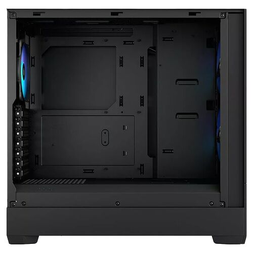 Boîtier PC noir avec une structure minimaliste, comprenant des emplacements pour ventilateurs et des compartiments internes pour les composants.