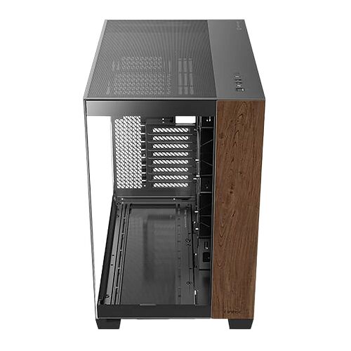 Boîtier PC avec panneau latéral en verre trempé et finitions en bois sur le côté droit.