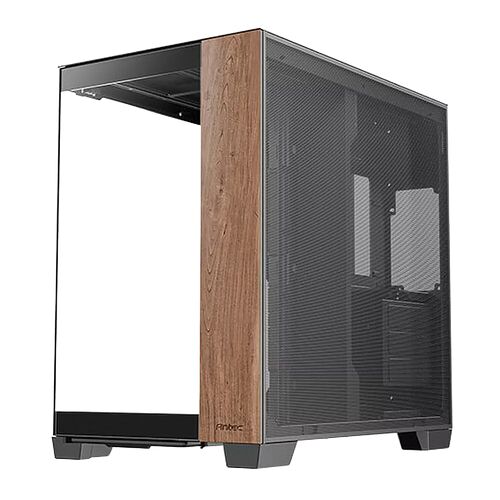 Boîtier PC Antec avec une façade en bois et un panneau latéral en verre trempé.