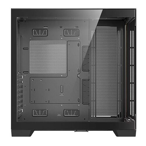 Boîtier PC noir avec panneau latéral en verre trempé, montrant l'espace interne pour l'installation des composants.