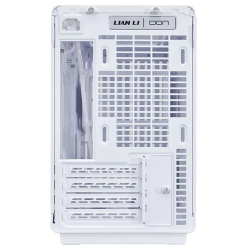 Boîtier PC blanc Lian Li DAN avec une façade grillagée pour la ventilation et un panneau latéral transparent.