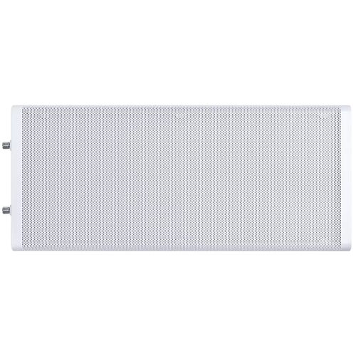 Radiateur blanc avec une surface perforée de petits trous, présenté sur un fond noir.