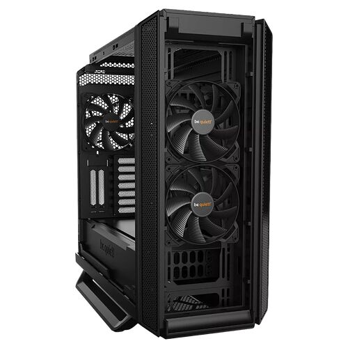 Boîtier PC noir de la marque be quiet! avec deux ventilateurs installés à l'avant et une grille de ventilation sur le côté.