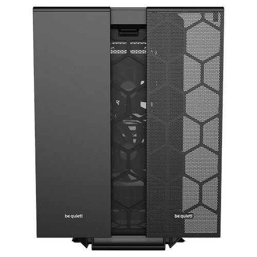 Boîtier PC noir de la marque be quiet! avec une façade en verre trempé et une grille de ventilation en nid d'abeille.